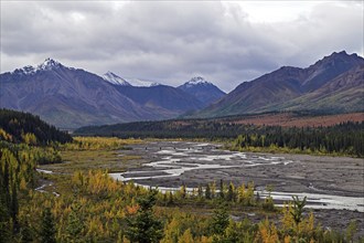 Teklanika River with bridge in autumn, Denali National Park