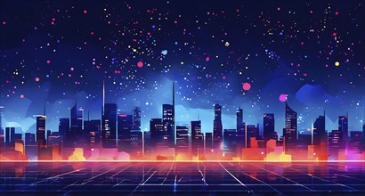 Minimalist, geometric skyline at night, with subtle fireworks in the sky, represented by colorful