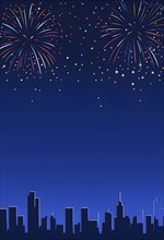 Minimalist, geometric skyline at night, with subtle fireworks in the sky, represented by colorful