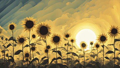 Abstract illustration of a field of sunflowers backlight with beautiful sunrise, AI generated