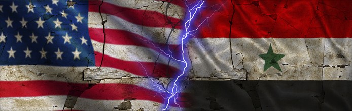 War between the United States and Yemen. USA vs Yemen flag on a cracked wall. Conflict between the