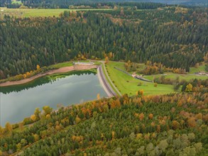 Aerial view of a lake, surrounded by colourful forest and green meadows with a dam wall in autumnal