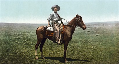 A cowboy with his horse, Colorado, United States of America, USA, digitally restored reproduction