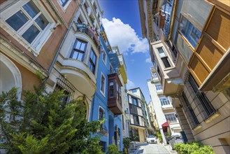 Turkey, scenic colorful Istanbul Karakoy old historic neighborhood near Galata Tower, Asia