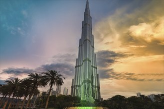 UAE, Dubai panoramic skyline view of city downtown and Dubai Mall