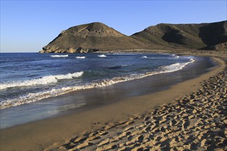 Beach and waves at Playa de Playazo, Rodalquilar, Cabo de Gata natural park, Almeria, Spain, Europe