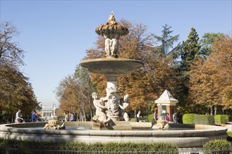 People walking by monument fountain in El Retiro park, Madrid, Spain, Europe