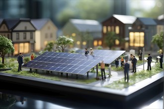 Scale model of a solar park on a polished conference table, AI generated