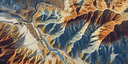 Aerial view capturing the abstract geometric patterns of a dry desert landscape, AI generated