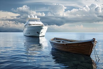 Concept for economic and social inequality showing small poor wooden fishing boat and luxury yacht