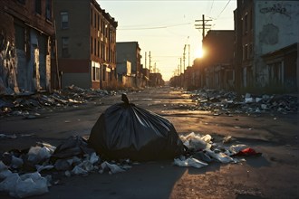 Plastic garbage bag abandoned of a desolate empty city street, AI generated