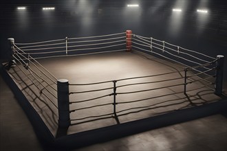 Empty boxing ring with ropes tightly stretched across the square corner, AI generated