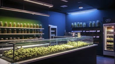 Cannabis dispensary interior with varieties of cannabis plants densely packed, AI generated