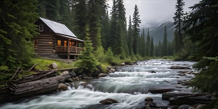 Rustic log cabin nestled in a dense evergreen forest with a river with whitewater in the