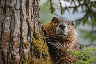 Cute wild beaver leaning on tree. Generative ai, AI generated