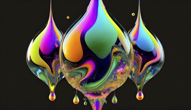 Colourful iridescent plastic drops and bubbles filled with oily liquids, 3D, digital art, AI