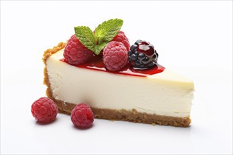 Single slice of cheesecake with raspberry and blackberry fruits on white background. KI generiert,