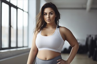 Curvy plus size woman in sport clothes in fitness studio. KI generiert, generiert AI generated