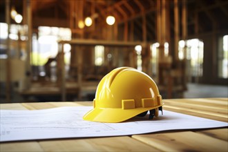 Yellow safety helmet on table with construction plants at work site. KI generiert, generiert AI