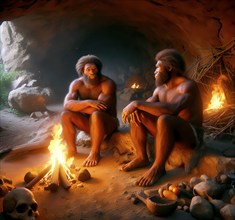 Prehistory, prehistoric, two extinct neandertal (Homo neanderthalensis) sitting around a campfire