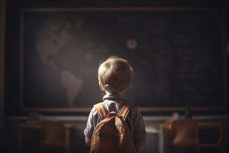 Back view of small child with backpack in school. KI generiert, generiert AI generated