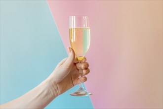 Woman's hand holding champagne glass in front of pastel pink and blue background. KI generiert,