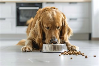 Dog eating dry kibble food from pet bowl on kitchen floor. KI generiert, generiert, AI generated