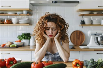 Young stressed woman in kitchen. KI generiert, generiert, AI generated