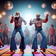 Two senior citizens, two old men, dancing in a disco to lively music, AI generated, AI generated