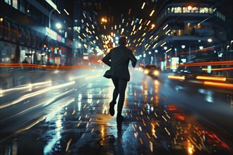 A businessman runs along a busy city street at night, surrounded by lights and dynamics, AI