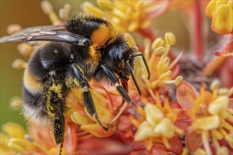 Bumblebee collecting pollen from orange flowers. KI generiert, generiert, AI generated