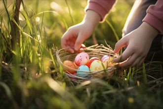 Child picking up basket with colorful painted easter eggs during egg hunt. KI generiert, generiert