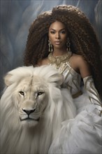 Beautiful young woman with long dark hair with her white pet lion, AI generated