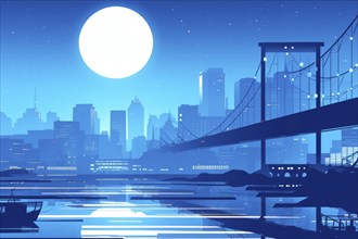 Illustration, graphic of a skyline of a major US city with a bridge over a river, during an