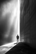 Silhouette of a man standing in a dreary hall, sunlight shining down through a gap, symbolising