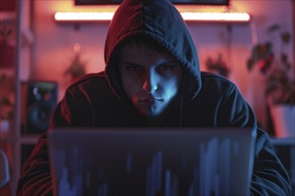 Man covering his face with hoodie in front of laptop. KI generiert, generiert, AI generated