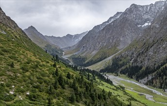 Aerial view, Green Mountain Valley, Chon Kyzyl Suu, Tien-Shan Mountains, Kyrgyzstan, Asia