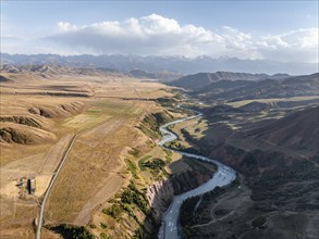 Mountain landscape with river in a narrow mountain valley in autumn, Little Naryn or Kichi-Naryn,