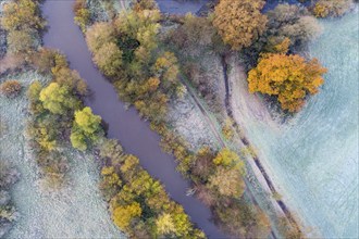 Aerial view of the Hunte in autumn, Meander, Hunte loop, Hunte, river, tree, forest, autumn