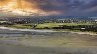 South coast, coastline with view of St. Johannis Church in autumn, aerial view, Nieblum, Föhr