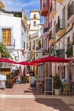 Square and narrow alley with cafes and restaurants in the old town of Eivissa, Ibiza Town, Ibiza,