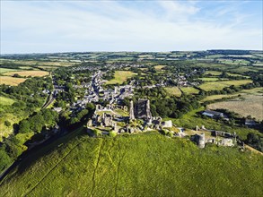 Ruins of Corfe Castle from a drone, Corfe Village, Purbeck Hills, Dorset, England, United Kingdom,