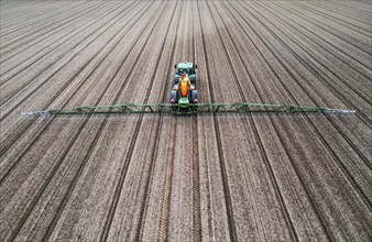 Farmer working a field, crop protection agent being sprayed, field with young sugar beet plants,