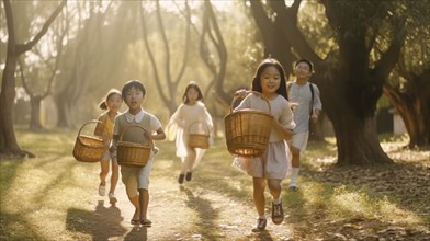 Several happy chinese children running in the park, generative AI, AI generated