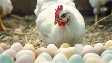 White chicken next to colorful easter eggs, generative AI, AI generated