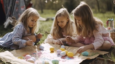 Happy children on the lawn painting and decorating easter eggs, generative AI, AI generated