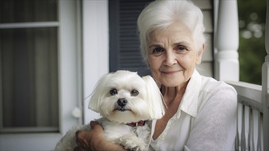 Attractive happy elderly woman on her porch holding her maltese puppy, generative AI, AI generated