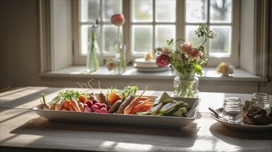 Farm fresh vegetable tray variety on the counter, generative AI, AI generated