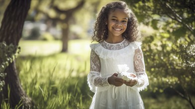 Portrait of a beautiful mulatto girl wearing a white dress for easter sunday, generative AI, AI