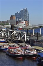 Europe, Germany, Hamburg, Elbe, St. Pauli Landungsbrücken, view of the Elbe Philharmonic Hall,